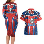 Newcastle Knights Rugby Couples Matching Long Sleeve Bodycon Dress and Hawaiian Shirt Polynesian Tribal Knight Warrior Red Blue Pattern
