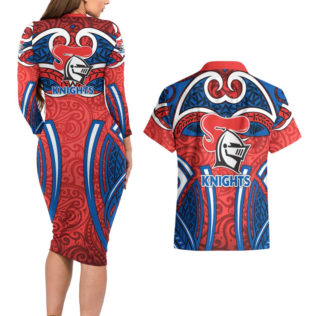 Newcastle Knights Rugby Couples Matching Long Sleeve Bodycon Dress and Hawaiian Shirt Polynesian Tribal Knight Warrior Red Blue Pattern