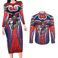 Newcastle Knights Rugby Couples Matching Long Sleeve Bodycon Dress and Long Sleeve Button Shirt Polynesian Tribal Knight Warrior Red Blue Pattern