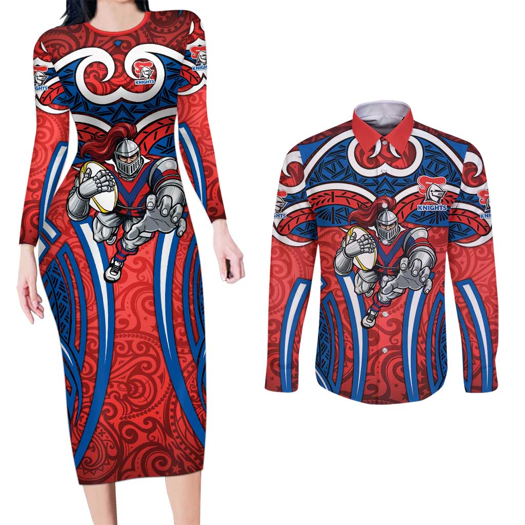 Newcastle Knights Rugby Couples Matching Long Sleeve Bodycon Dress and Long Sleeve Button Shirt Polynesian Tribal Knight Warrior Red Blue Pattern