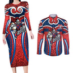 Newcastle Knights Rugby Couples Matching Long Sleeve Bodycon Dress and Long Sleeve Button Shirt Polynesian Tribal Knight Warrior Red Blue Pattern