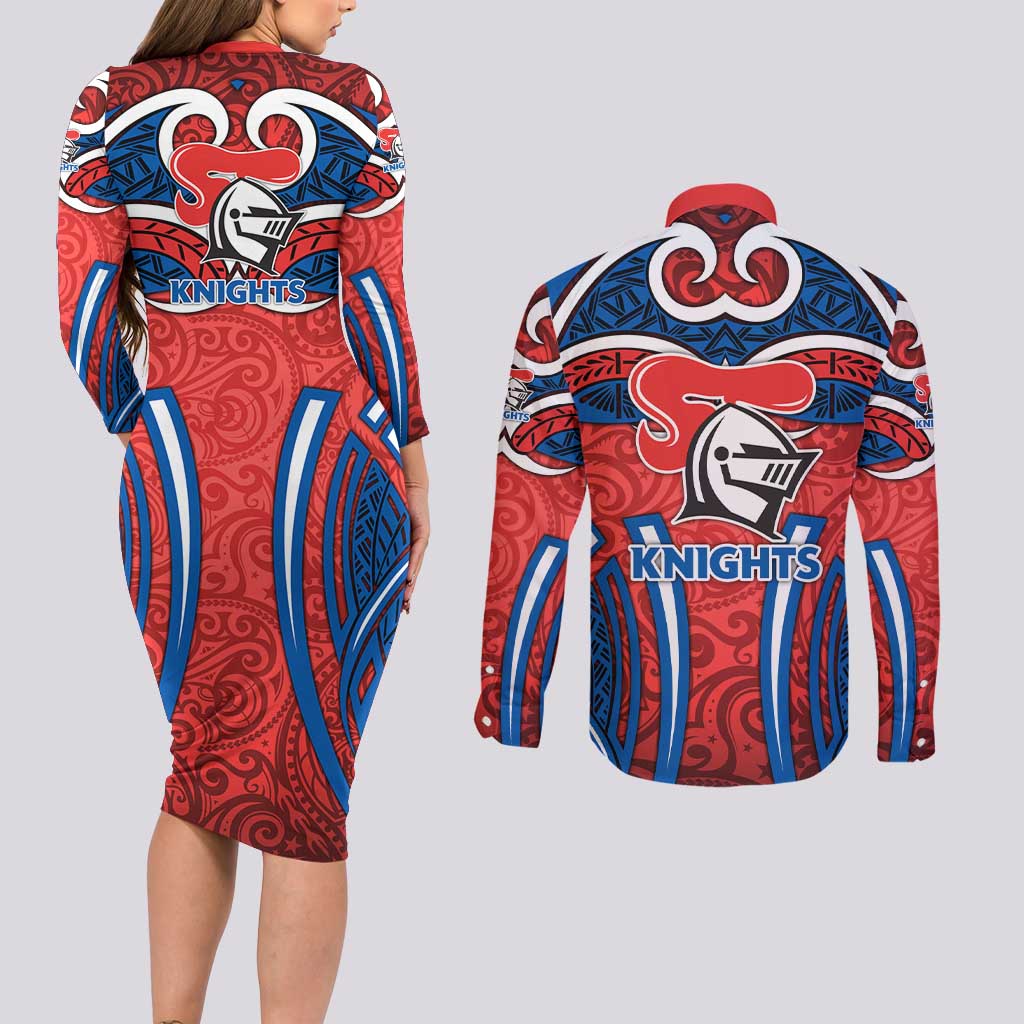 Newcastle Knights Rugby Couples Matching Long Sleeve Bodycon Dress and Long Sleeve Button Shirt Polynesian Tribal Knight Warrior Red Blue Pattern