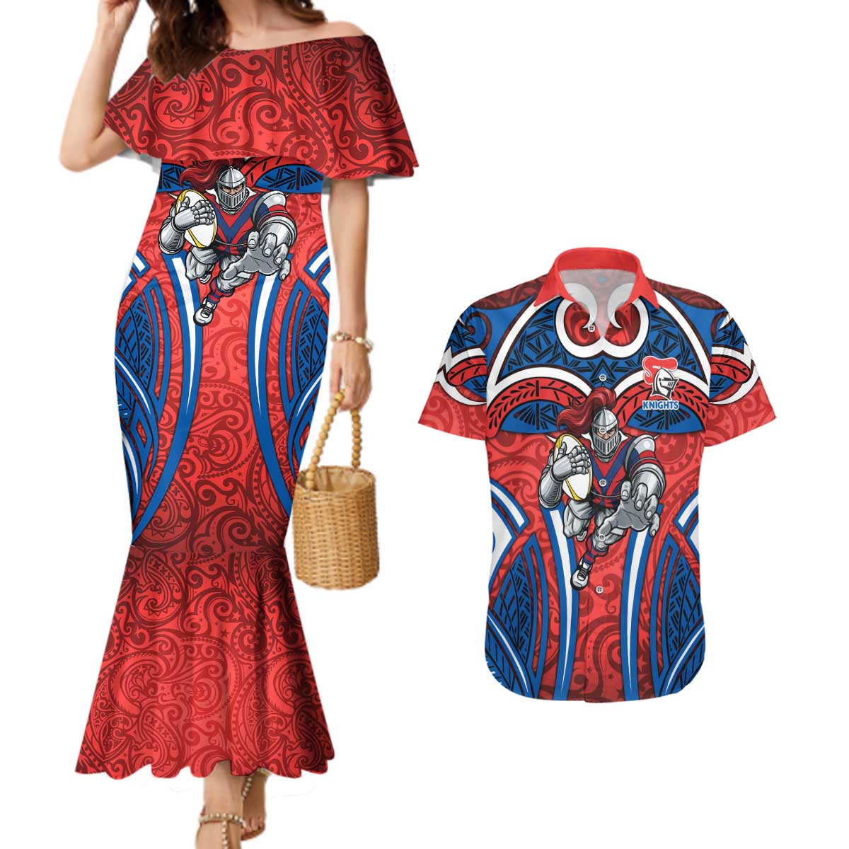 Newcastle Knights Rugby Couples Matching Mermaid Dress and Hawaiian Shirt Polynesian Tribal Knight Warrior Red Blue Pattern