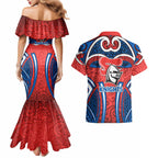 Newcastle Knights Rugby Couples Matching Mermaid Dress and Hawaiian Shirt Polynesian Tribal Knight Warrior Red Blue Pattern
