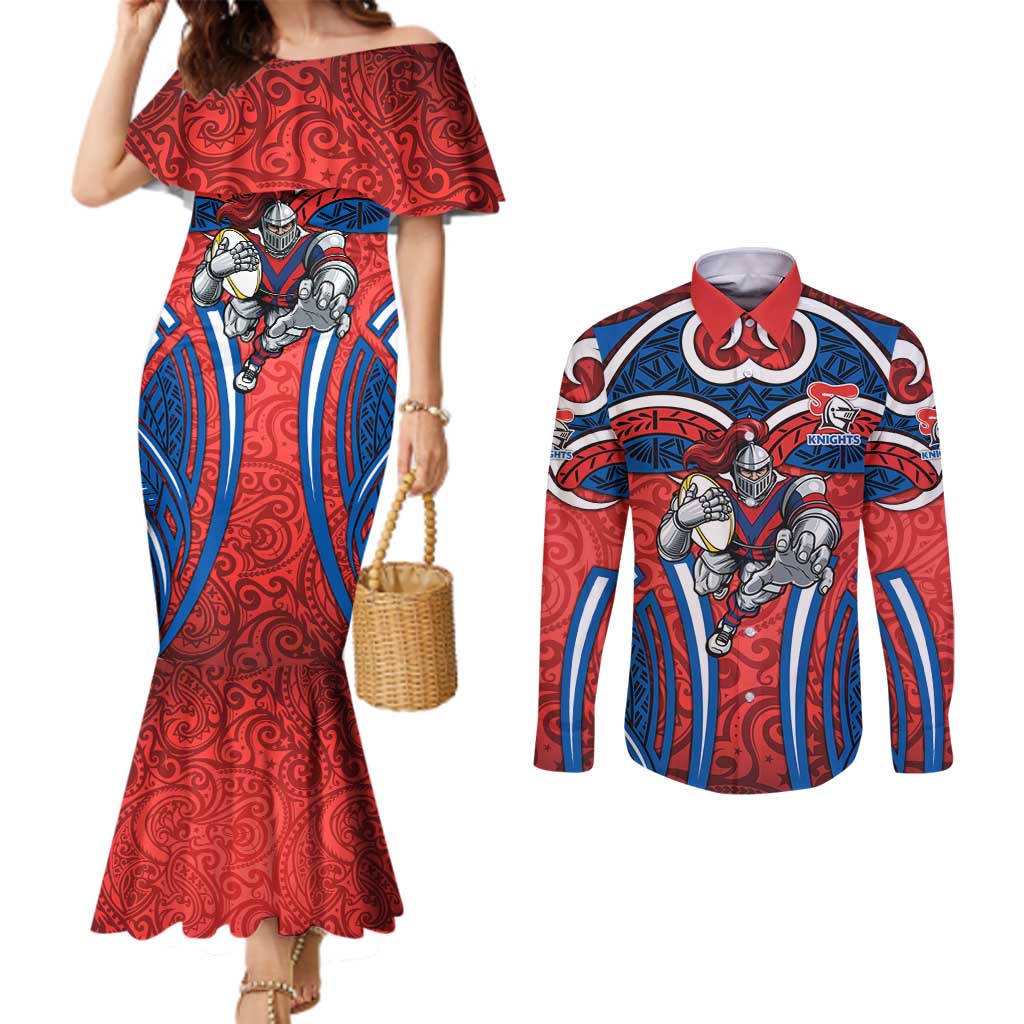 Newcastle Knights Rugby Couples Matching Mermaid Dress and Long Sleeve Button Shirt Polynesian Tribal Knight Warrior Red Blue Pattern
