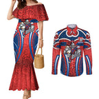 Newcastle Knights Rugby Couples Matching Mermaid Dress and Long Sleeve Button Shirt Polynesian Tribal Knight Warrior Red Blue Pattern