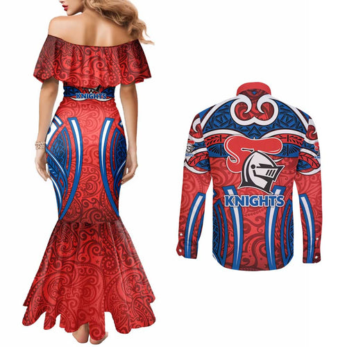 Newcastle Knights Rugby Couples Matching Mermaid Dress and Long Sleeve Button Shirt Polynesian Tribal Knight Warrior Red Blue Pattern