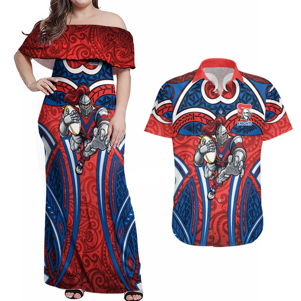 Newcastle Knights Rugby Couples Matching Off Shoulder Maxi Dress and Hawaiian Shirt Polynesian Tribal Knight Warrior Red Blue Pattern
