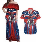 Newcastle Knights Rugby Couples Matching Off Shoulder Maxi Dress and Hawaiian Shirt Polynesian Tribal Knight Warrior Red Blue Pattern