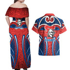 Newcastle Knights Rugby Couples Matching Off Shoulder Maxi Dress and Hawaiian Shirt Polynesian Tribal Knight Warrior Red Blue Pattern