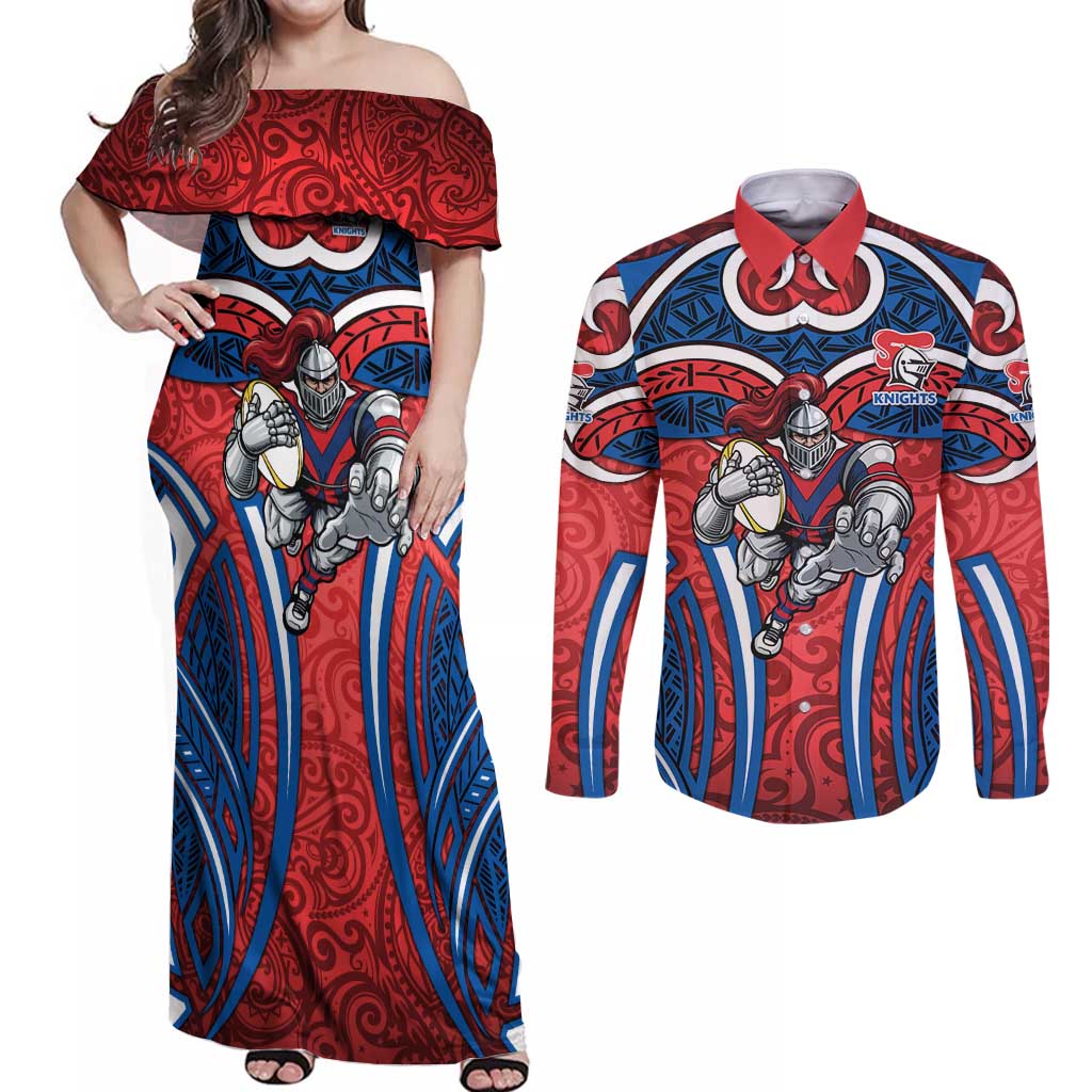 Newcastle Knights Rugby Couples Matching Off Shoulder Maxi Dress and Long Sleeve Button Shirt Polynesian Tribal Knight Warrior Red Blue Pattern