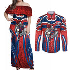 Newcastle Knights Rugby Couples Matching Off Shoulder Maxi Dress and Long Sleeve Button Shirt Polynesian Tribal Knight Warrior Red Blue Pattern