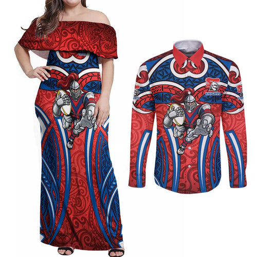Newcastle Knights Rugby Couples Matching Off Shoulder Maxi Dress and Long Sleeve Button Shirt Polynesian Tribal Knight Warrior Red Blue Pattern