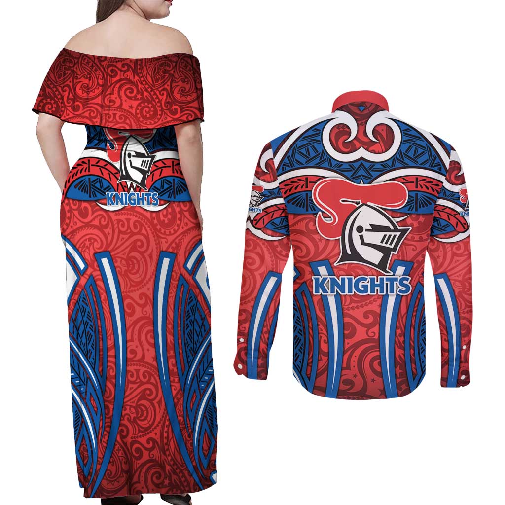 Newcastle Knights Rugby Couples Matching Off Shoulder Maxi Dress and Long Sleeve Button Shirt Polynesian Tribal Knight Warrior Red Blue Pattern