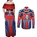 Newcastle Knights Rugby Couples Matching Off Shoulder Maxi Dress and Long Sleeve Button Shirt Polynesian Tribal Knight Warrior Red Blue Pattern