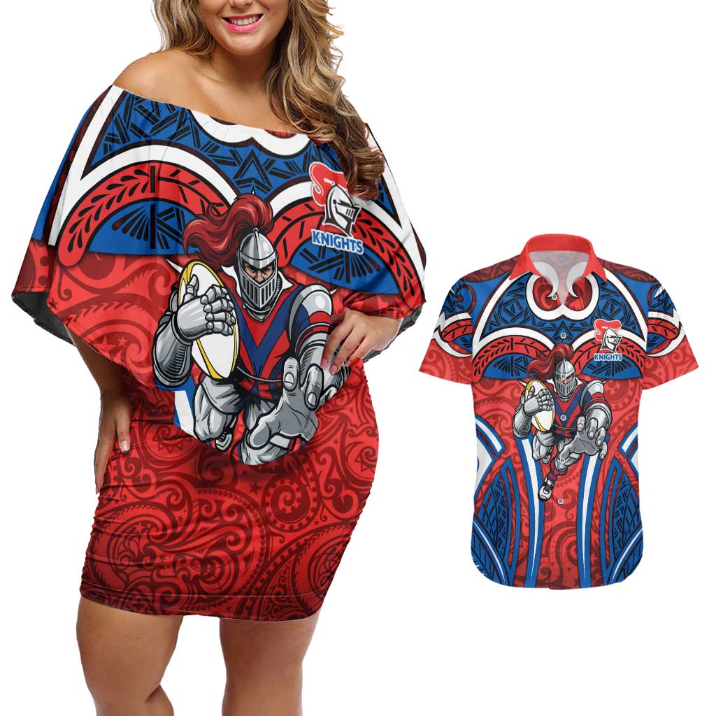 Newcastle Knights Rugby Couples Matching Off Shoulder Short Dress and Hawaiian Shirt Polynesian Tribal Knight Warrior Red Blue Pattern