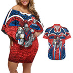 Newcastle Knights Rugby Couples Matching Off Shoulder Short Dress and Hawaiian Shirt Polynesian Tribal Knight Warrior Red Blue Pattern