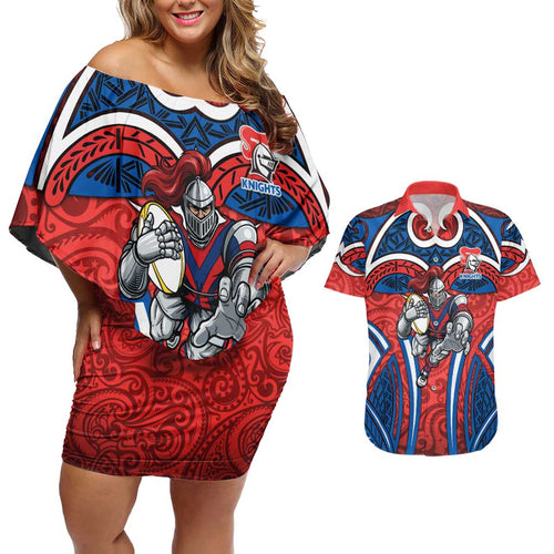 Newcastle Knights Rugby Couples Matching Off Shoulder Short Dress and Hawaiian Shirt Polynesian Tribal Knight Warrior Red Blue Pattern