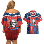 Newcastle Knights Rugby Couples Matching Off Shoulder Short Dress and Hawaiian Shirt Polynesian Tribal Knight Warrior Red Blue Pattern