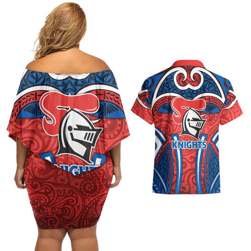Newcastle Knights Rugby Couples Matching Off Shoulder Short Dress and Hawaiian Shirt Polynesian Tribal Knight Warrior Red Blue Pattern