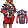 Newcastle Knights Rugby Couples Matching Off Shoulder Short Dress and Long Sleeve Button Shirt Polynesian Tribal Knight Warrior Red Blue Pattern