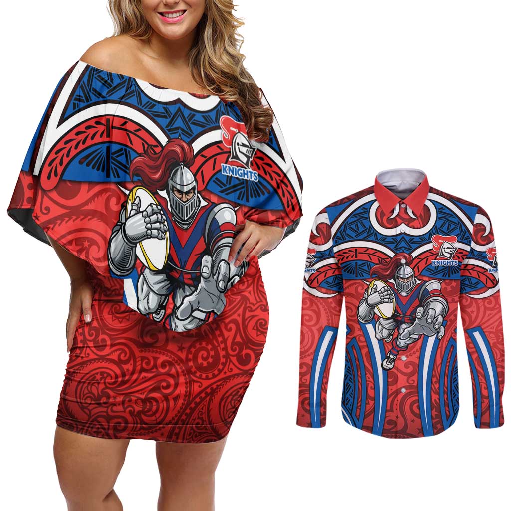 Newcastle Knights Rugby Couples Matching Off Shoulder Short Dress and Long Sleeve Button Shirt Polynesian Tribal Knight Warrior Red Blue Pattern