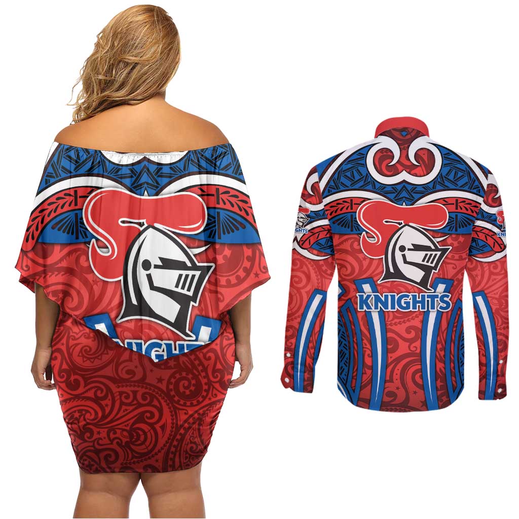 Newcastle Knights Rugby Couples Matching Off Shoulder Short Dress and Long Sleeve Button Shirt Polynesian Tribal Knight Warrior Red Blue Pattern