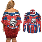 Newcastle Knights Rugby Couples Matching Off Shoulder Short Dress and Long Sleeve Button Shirt Polynesian Tribal Knight Warrior Red Blue Pattern