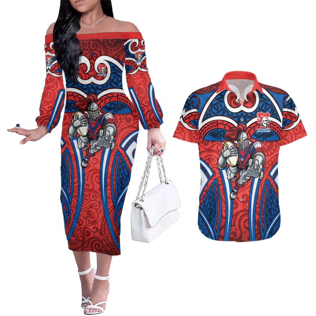 Newcastle Knights Rugby Couples Matching Off The Shoulder Long Sleeve Dress and Hawaiian Shirt Polynesian Tribal Knight Warrior Red Blue Pattern