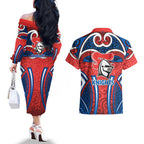 Newcastle Knights Rugby Couples Matching Off The Shoulder Long Sleeve Dress and Hawaiian Shirt Polynesian Tribal Knight Warrior Red Blue Pattern