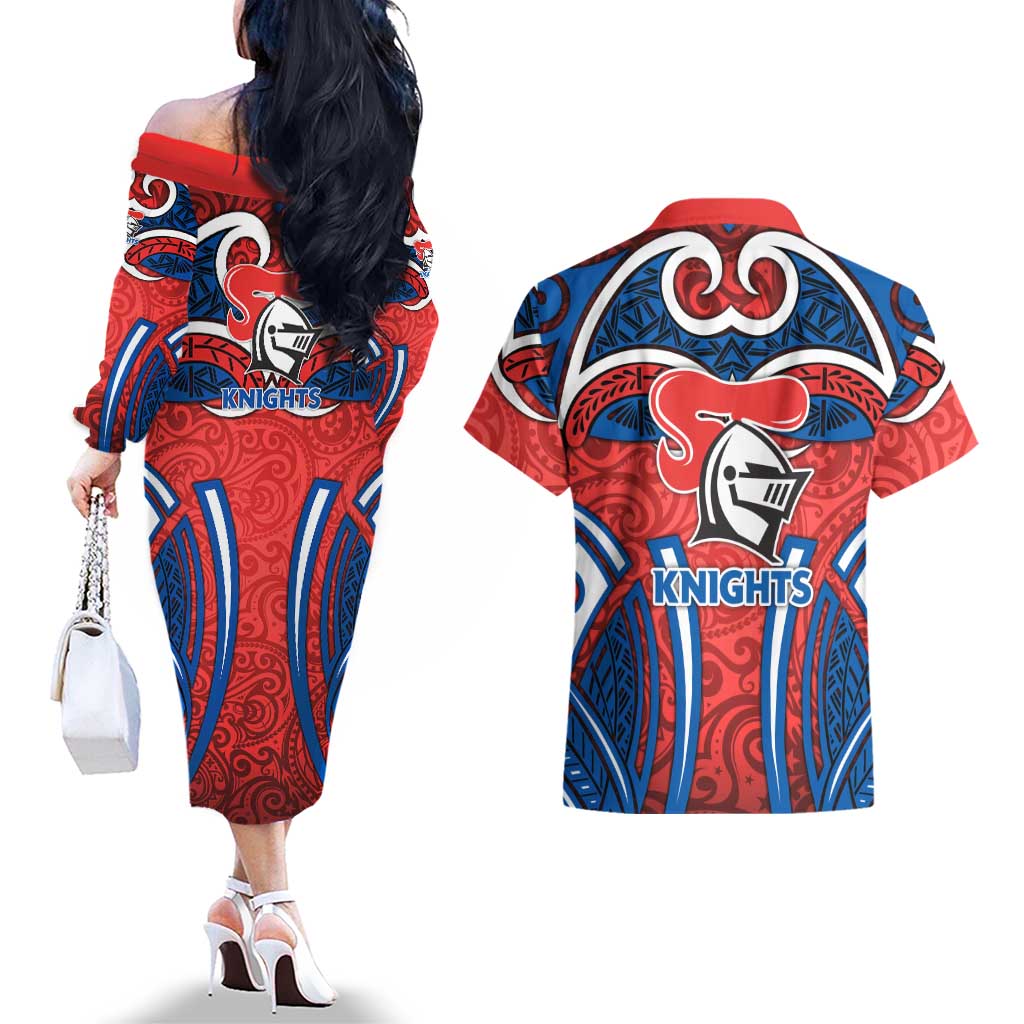 Newcastle Knights Rugby Couples Matching Off The Shoulder Long Sleeve Dress and Hawaiian Shirt Polynesian Tribal Knight Warrior Red Blue Pattern