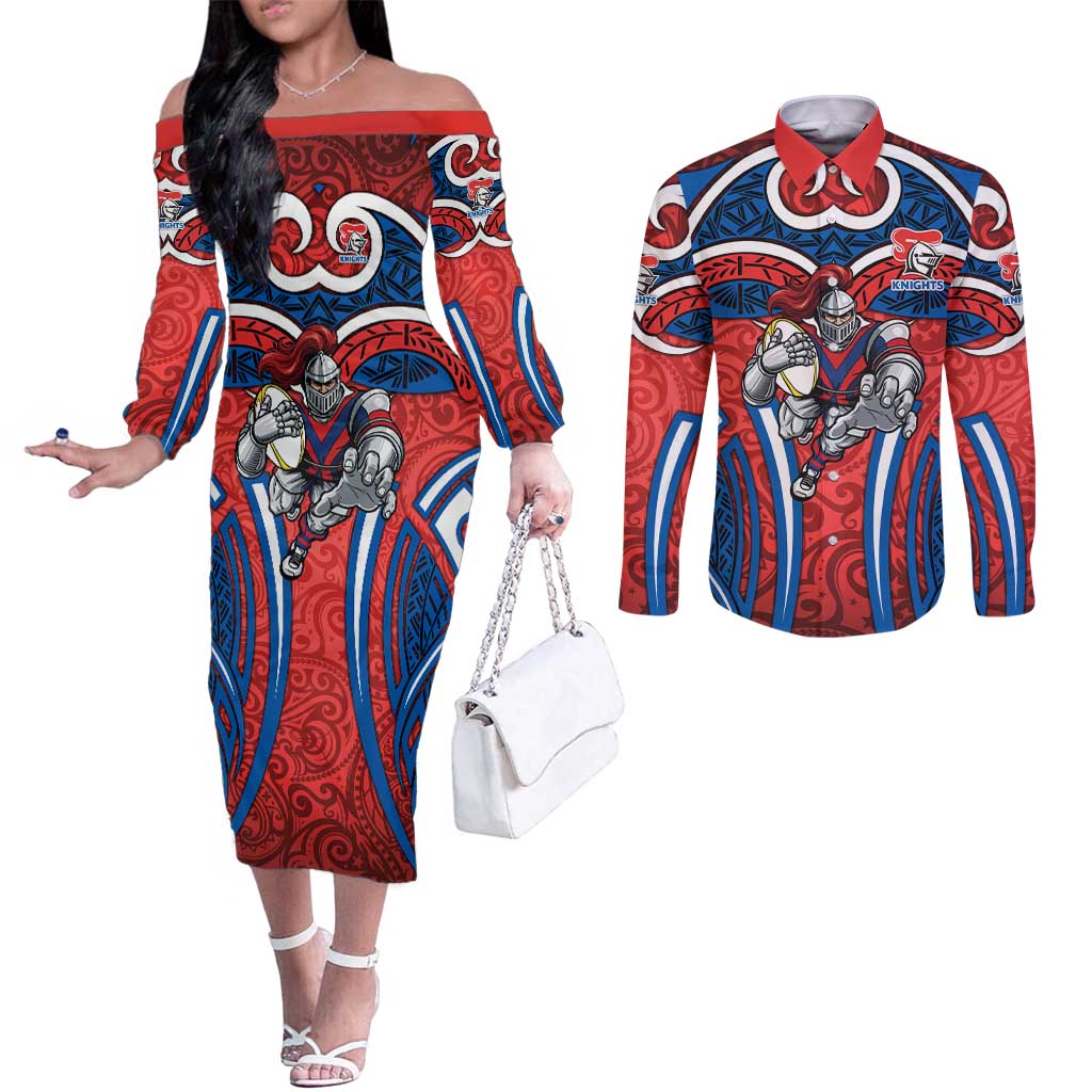 Newcastle Knights Rugby Couples Matching Off The Shoulder Long Sleeve Dress and Long Sleeve Button Shirt Polynesian Tribal Knight Warrior Red Blue Pattern