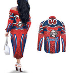 Newcastle Knights Rugby Couples Matching Off The Shoulder Long Sleeve Dress and Long Sleeve Button Shirt Polynesian Tribal Knight Warrior Red Blue Pattern