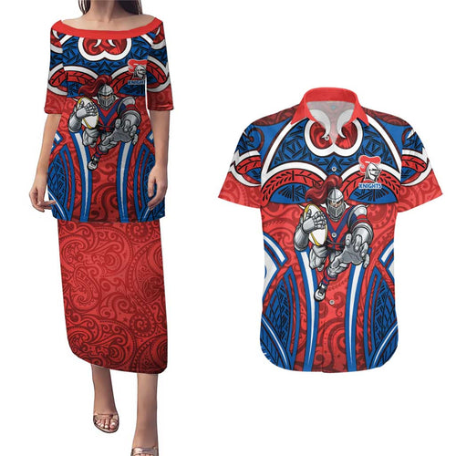 Newcastle Knights Rugby Couples Matching Puletasi and Hawaiian Shirt Polynesian Tribal Knight Warrior Red Blue Pattern