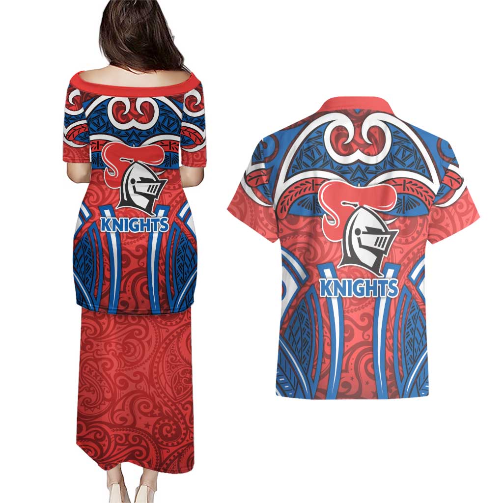 Newcastle Knights Rugby Couples Matching Puletasi and Hawaiian Shirt Polynesian Tribal Knight Warrior Red Blue Pattern