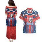 Newcastle Knights Rugby Couples Matching Puletasi and Hawaiian Shirt Polynesian Tribal Knight Warrior Red Blue Pattern