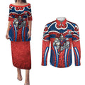 Newcastle Knights Rugby Couples Matching Puletasi and Long Sleeve Button Shirt Polynesian Tribal Knight Warrior Red Blue Pattern