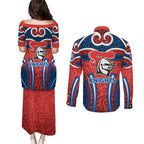 Newcastle Knights Rugby Couples Matching Puletasi and Long Sleeve Button Shirt Polynesian Tribal Knight Warrior Red Blue Pattern