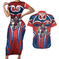 Newcastle Knights Rugby Couples Matching Short Sleeve Bodycon Dress and Hawaiian Shirt Polynesian Tribal Knight Warrior Red Blue Pattern