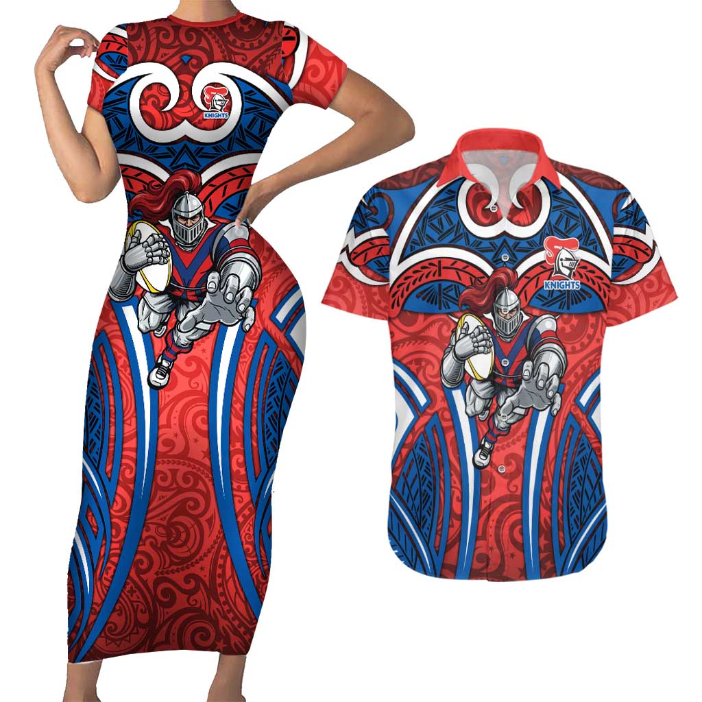 Newcastle Knights Rugby Couples Matching Short Sleeve Bodycon Dress and Hawaiian Shirt Polynesian Tribal Knight Warrior Red Blue Pattern