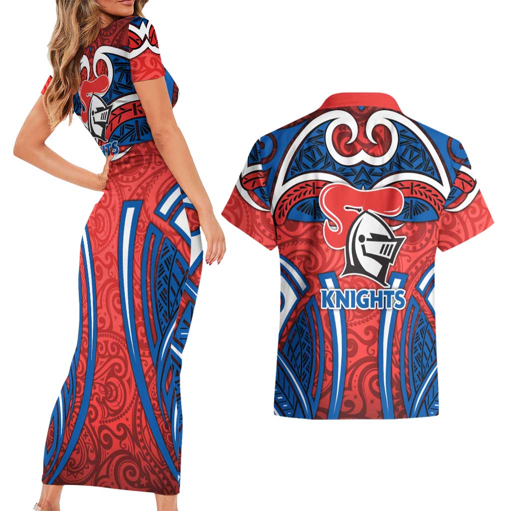 Newcastle Knights Rugby Couples Matching Short Sleeve Bodycon Dress and Hawaiian Shirt Polynesian Tribal Knight Warrior Red Blue Pattern