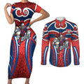 Newcastle Knights Rugby Couples Matching Short Sleeve Bodycon Dress and Long Sleeve Button Shirt Polynesian Tribal Knight Warrior Red Blue Pattern