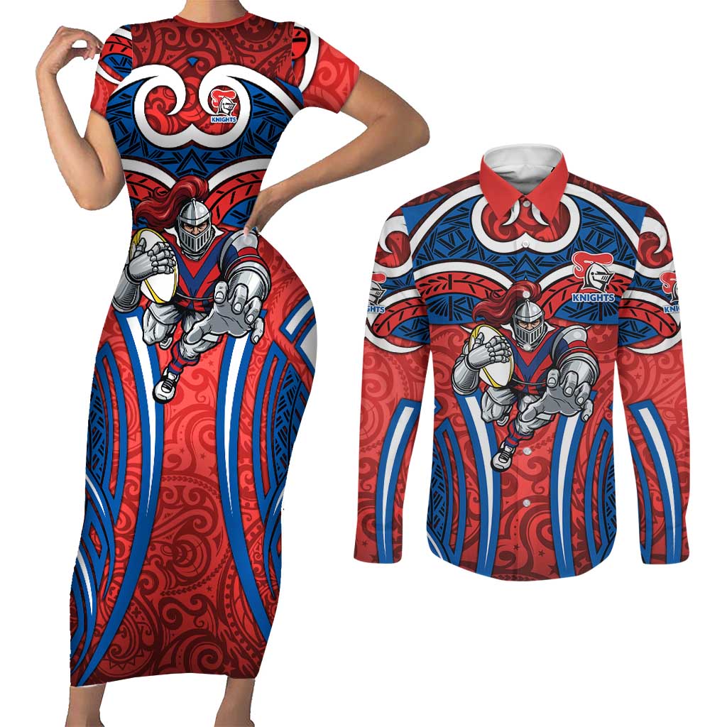 Newcastle Knights Rugby Couples Matching Short Sleeve Bodycon Dress and Long Sleeve Button Shirt Polynesian Tribal Knight Warrior Red Blue Pattern