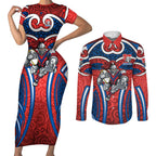 Newcastle Knights Rugby Couples Matching Short Sleeve Bodycon Dress and Long Sleeve Button Shirt Polynesian Tribal Knight Warrior Red Blue Pattern