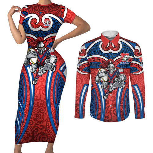 Newcastle Knights Rugby Couples Matching Short Sleeve Bodycon Dress and Long Sleeve Button Shirt Polynesian Tribal Knight Warrior Red Blue Pattern