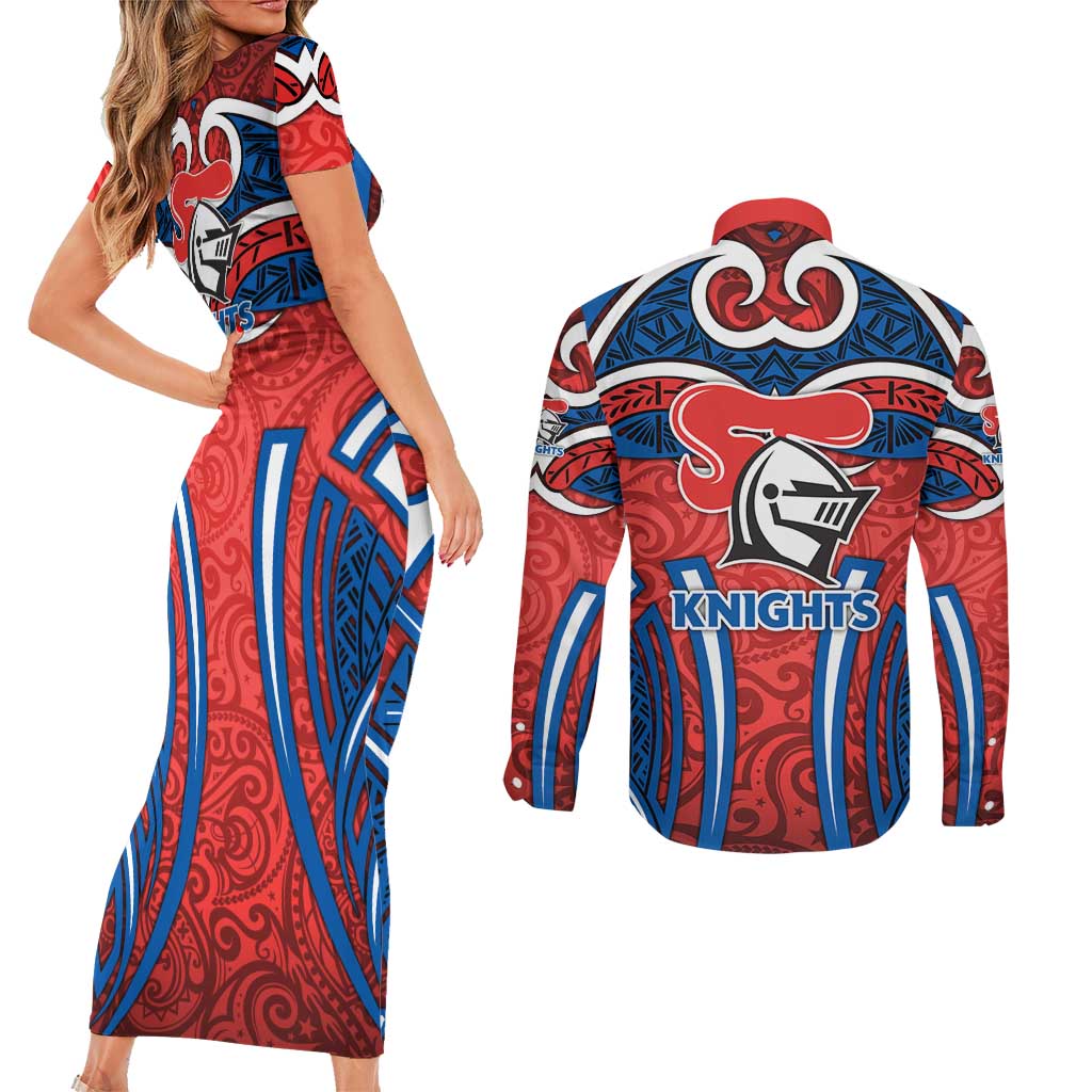 Newcastle Knights Rugby Couples Matching Short Sleeve Bodycon Dress and Long Sleeve Button Shirt Polynesian Tribal Knight Warrior Red Blue Pattern