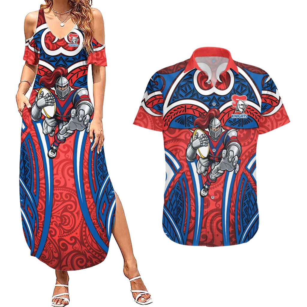 Newcastle Knights Rugby Couples Matching Summer Maxi Dress and Hawaiian Shirt Polynesian Tribal Knight Warrior Red Blue Pattern