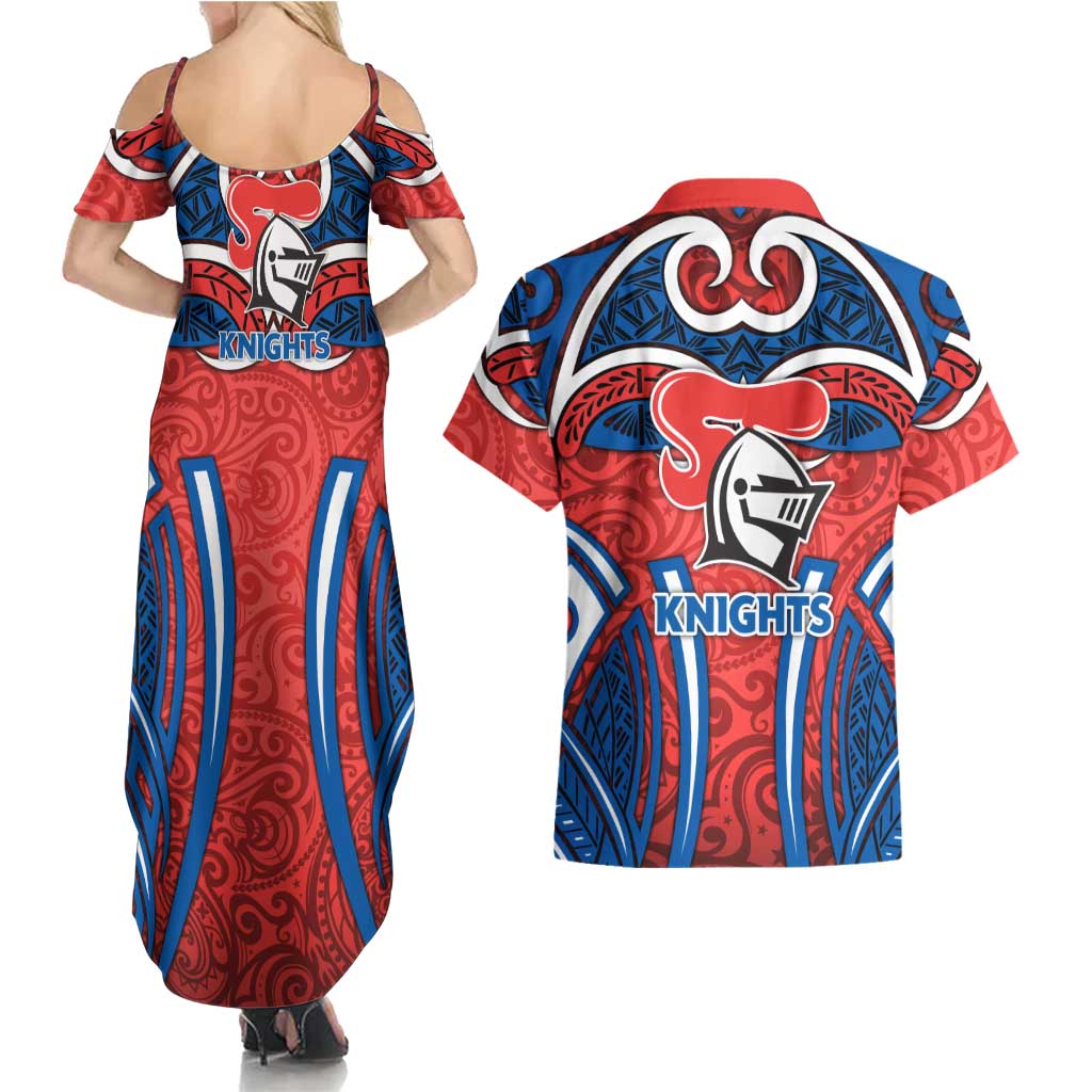 Newcastle Knights Rugby Couples Matching Summer Maxi Dress and Hawaiian Shirt Polynesian Tribal Knight Warrior Red Blue Pattern