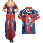 Newcastle Knights Rugby Couples Matching Summer Maxi Dress and Hawaiian Shirt Polynesian Tribal Knight Warrior Red Blue Pattern