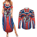 Newcastle Knights Rugby Couples Matching Summer Maxi Dress and Long Sleeve Button Shirt Polynesian Tribal Knight Warrior Red Blue Pattern